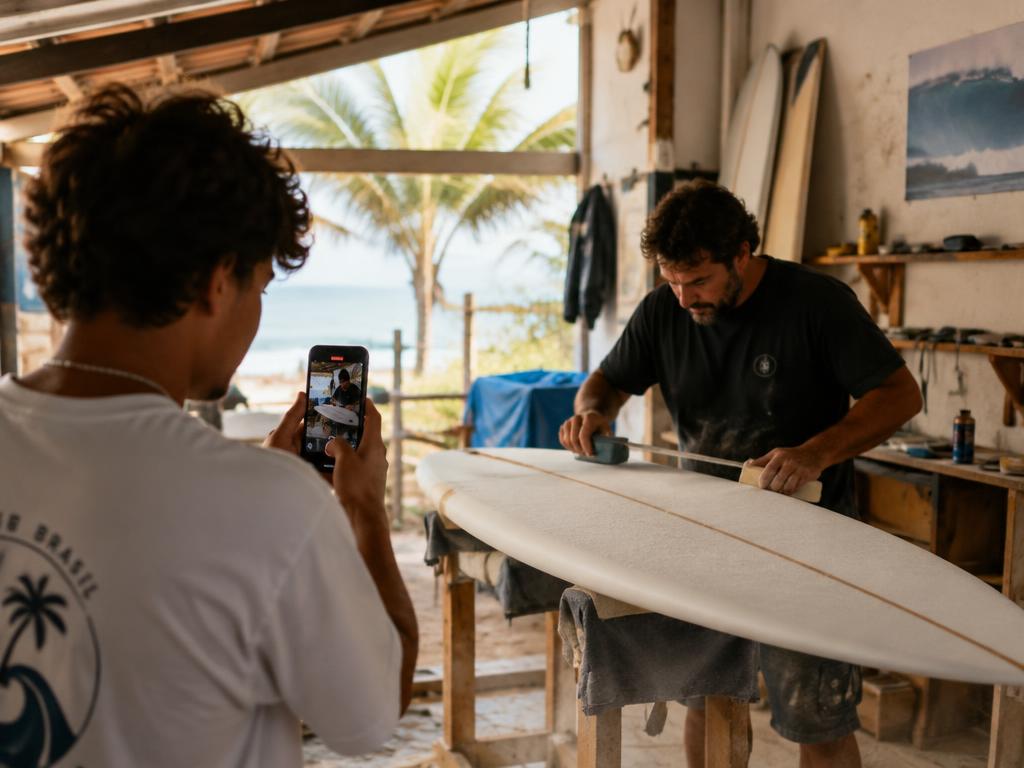 Jovem creator filmando um artesão de pranchas trabalhando